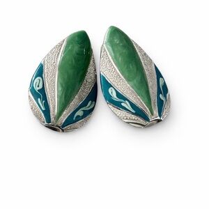 Vintage Silver Tone Green & Teal Enamel Clip-On Earrings Art Deco Leaf Design